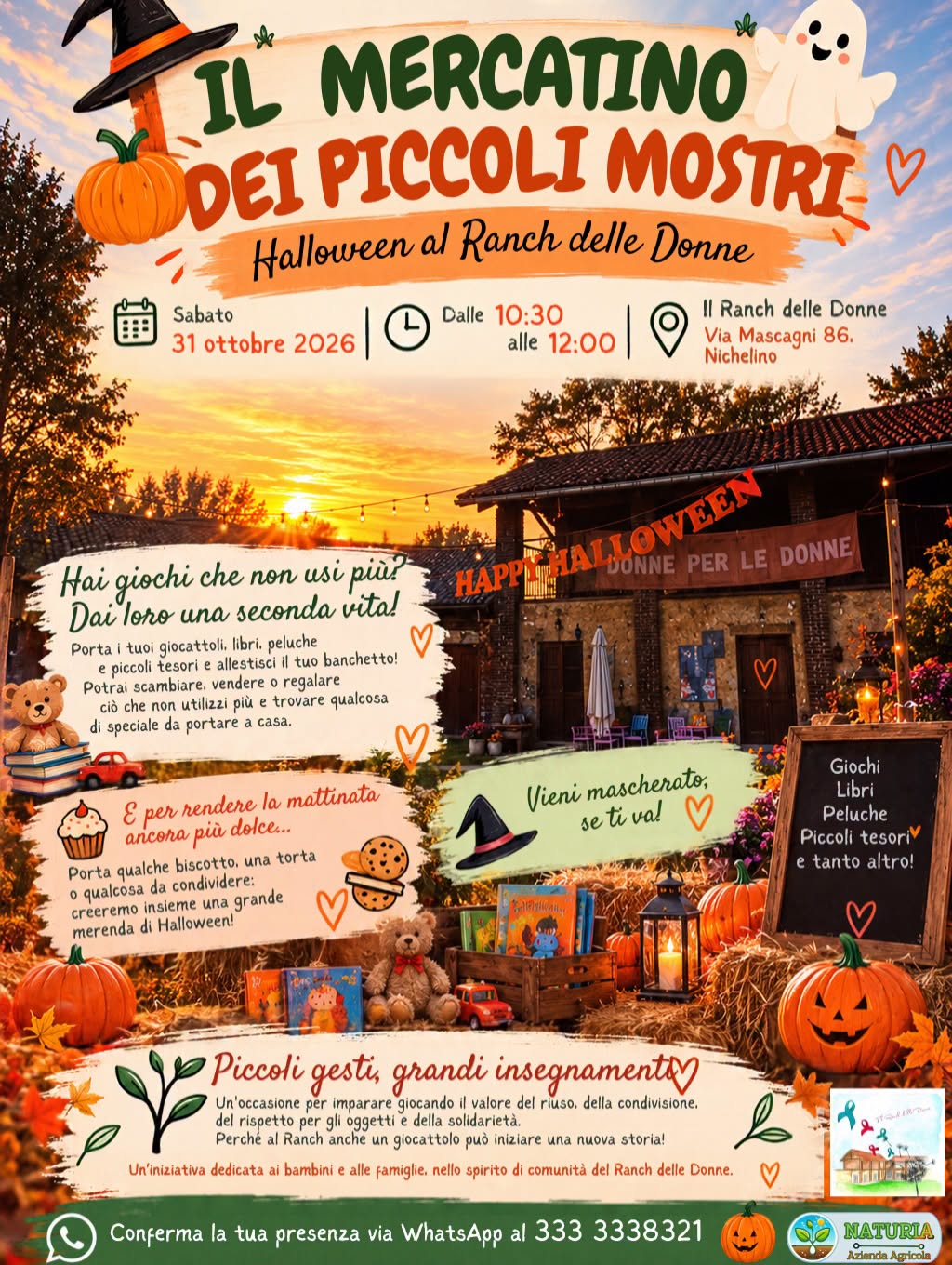 Locandina Il Mercatino dei Piccoli Mostri - Halloween al Ranch delle Donne, sabato 31 ottobre 2026 dalle 10:30 alle 12:00